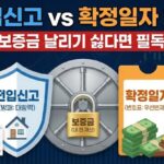전입신고 확정일자 차이 The image visually explains the difference, showing '전입신고' (Moving-in Notification) as a shield providing '대항력' (Opposing Power) to protect a home, and '확정일자' (Fixed Date) as a numbered ticket giving '우선변제권' (Priority Repayment Right) to secure money.