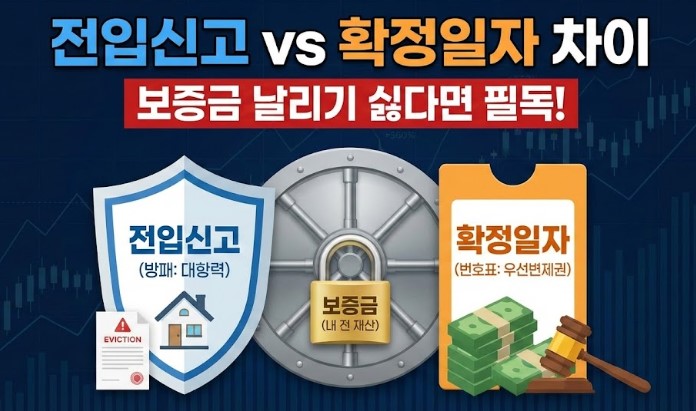전입신고 확정일자 차이 The image visually explains the difference, showing '전입신고' (Moving-in Notification) as a shield providing '대항력' (Opposing Power) to protect a home, and '확정일자' (Fixed Date) as a numbered ticket giving '우선변제권' (Priority Repayment Right) to secure money.